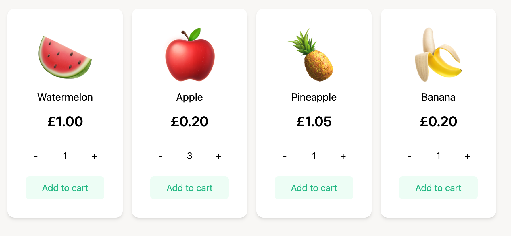 A screenshot of the fruit shop. It shows that the quantity of apples is set to 3.