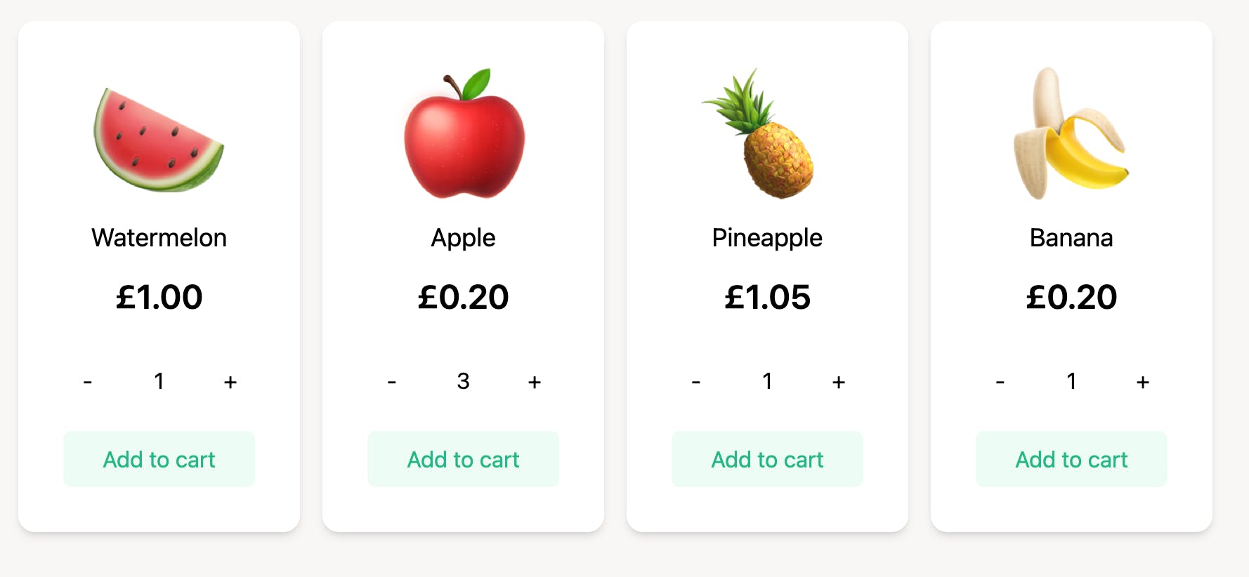 A screenshot of the fruit shop. It shows that the quantity of apples is set to 3.