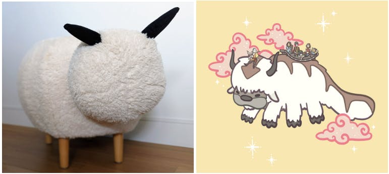 Old fuzzy step stool shaped like a yak next to kawaii drawing of Appa from Avatar: the Last Airbender
