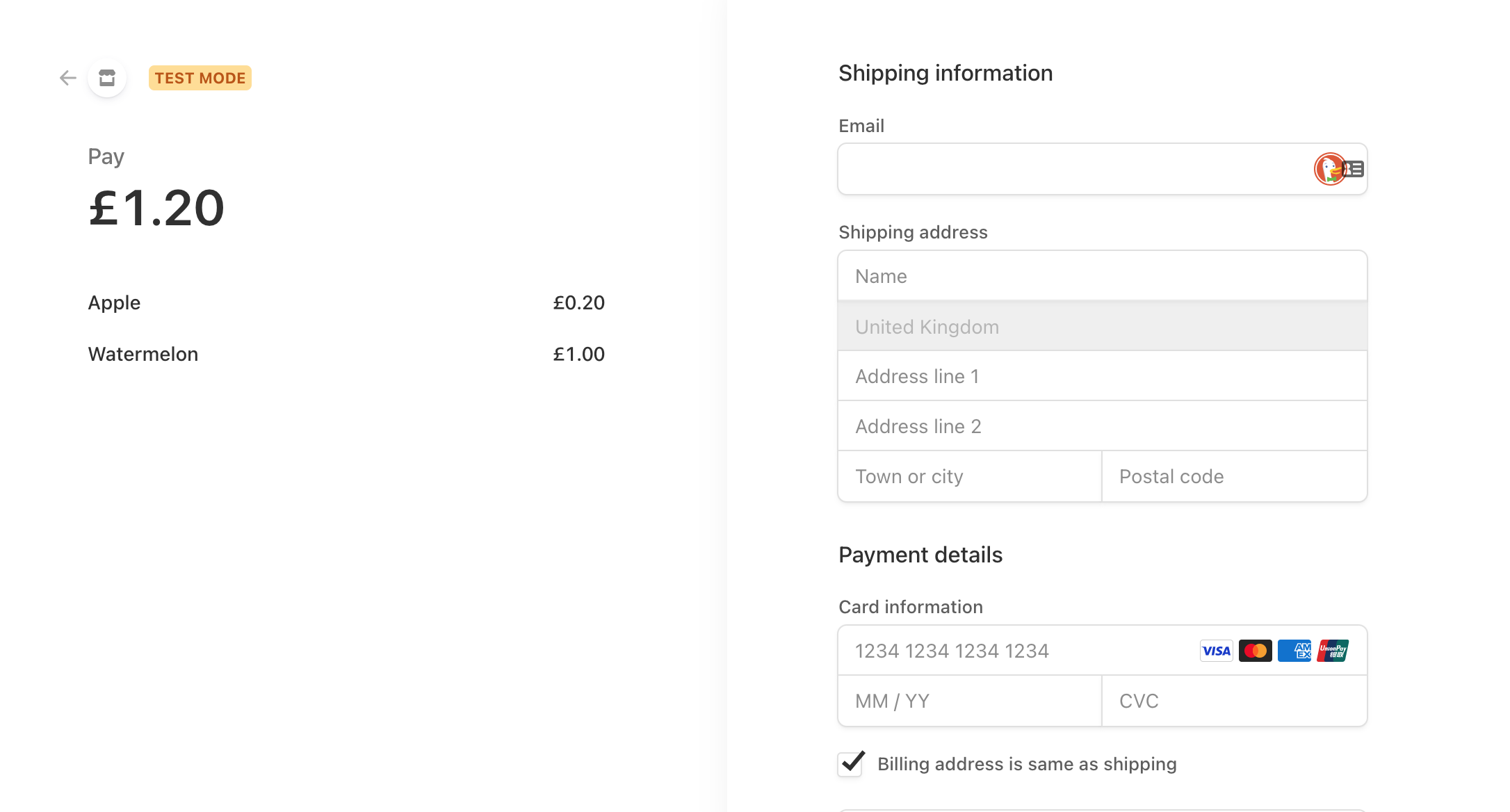 Screenshot of the Stripe Checkout page. The total price of products is 1.20 and there are form fields to enter your email, shipping address and payment details.