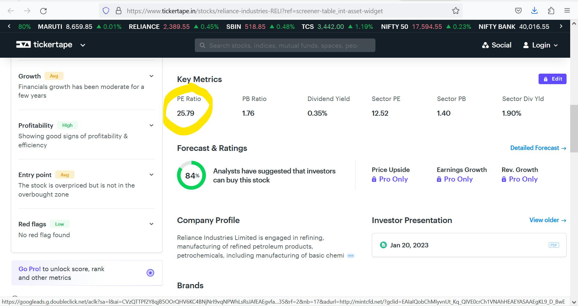 Let's look at the PE ratio of  Reliance Industries Ltd...  The PE ratio is a little high. Any company below the PE ratio of 20 is more likely to draw buyers. However, it depends on the capital of the individual if he wants to purchase an expensive stock.