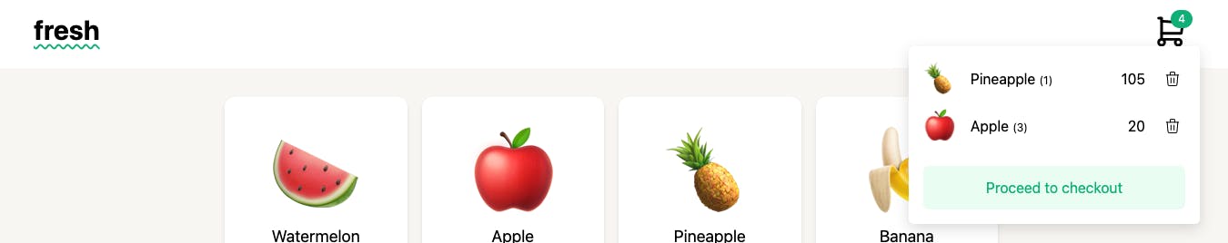 A screenshot of our fruit shop which is correctly displaying our cart items. There's 1 pineapple and 3 apples in our cart.
