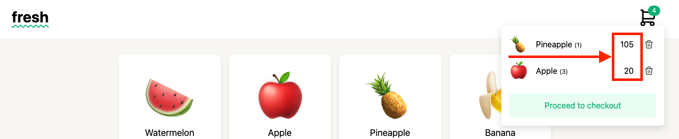 A screenshot of the fruit shop showing that the prices of the shopping cart items are not displaying correctly. The price for Pineapple is 105 and the price of Apple is 20.