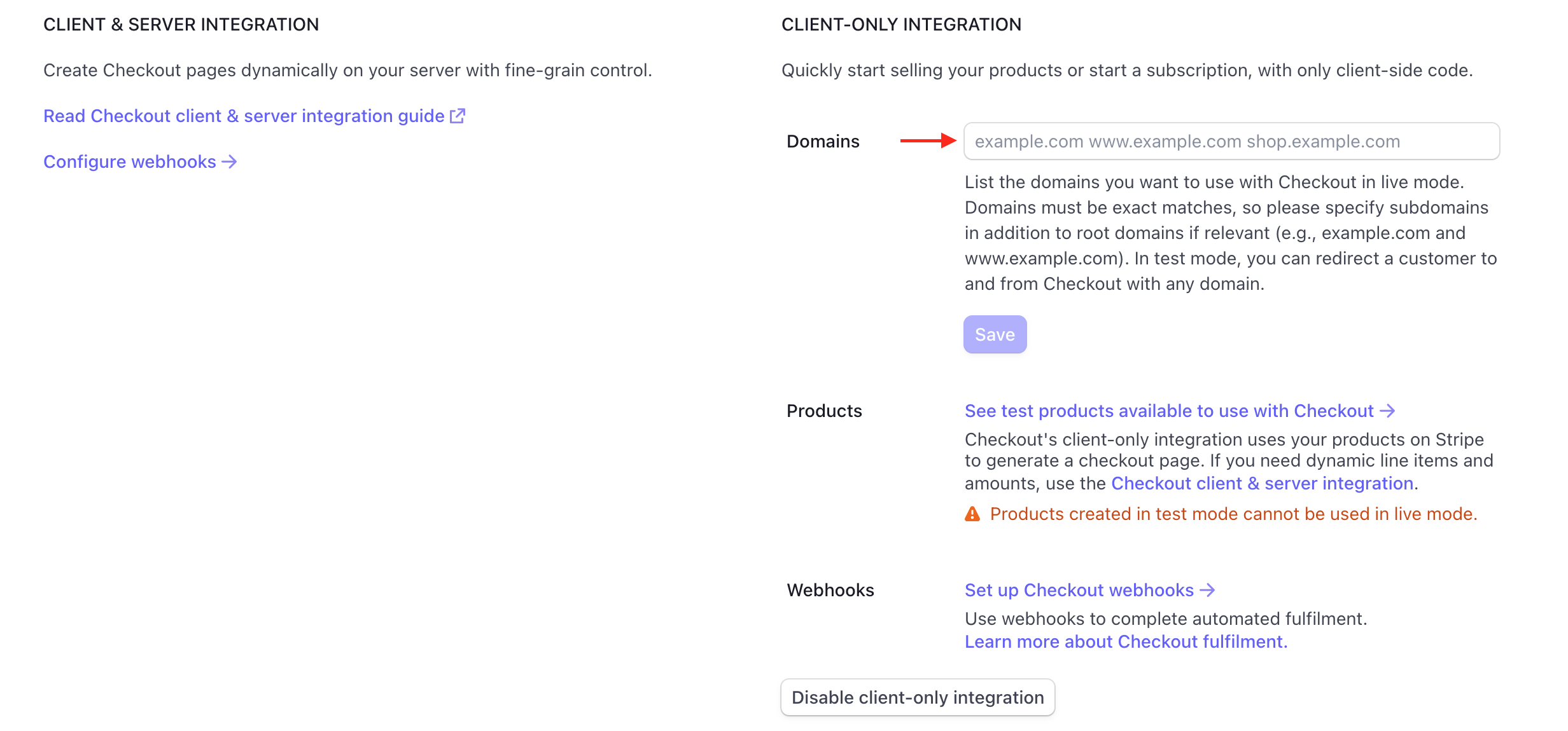 Screenshot of the Client-only integration section of Stripe's checkout setting. We are marking an arrow to show where you can add the domain of your deployed website.