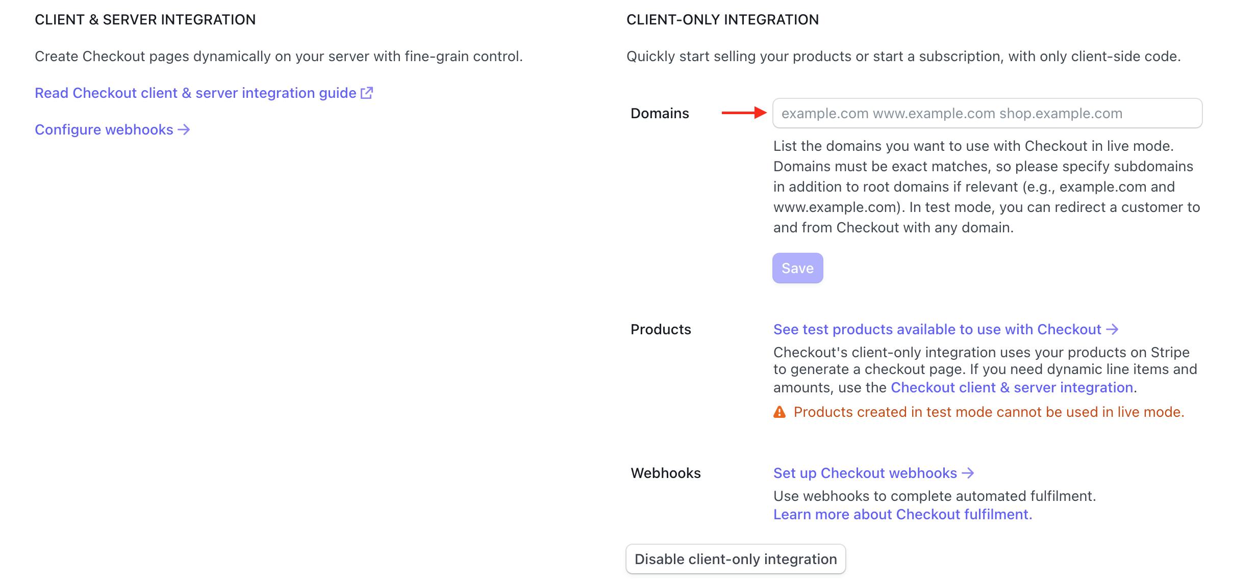 Screenshot of the Client-only integration section of Stripe's checkout setting. We are marking an arrow to show where you can add the domain of your deployed website.