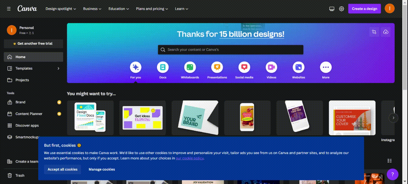 Canva homepage celebrating 15 billion designs