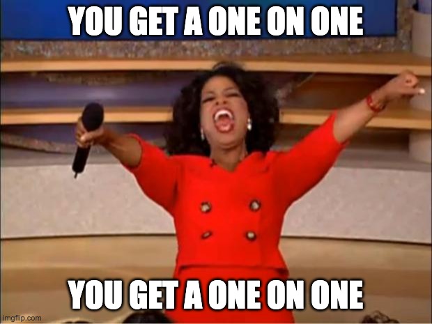 Meme of Oprah yelling at the screen, with the words "You get a one on one" at the top and bottom 
