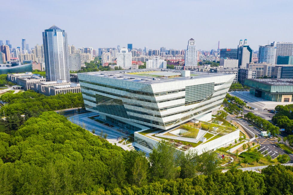 Photo shows the interior of the "forest library" in Shanghai.