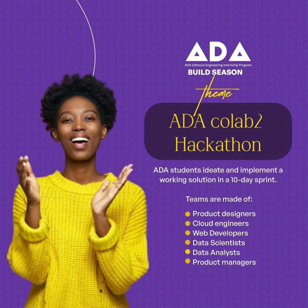 Image showing a poster for the 'ADA colab 2 Hackathon' with a girl in bright yellow on the left, and on the right there's the ADA logo, the title of the hackathon, and the tracks involved.