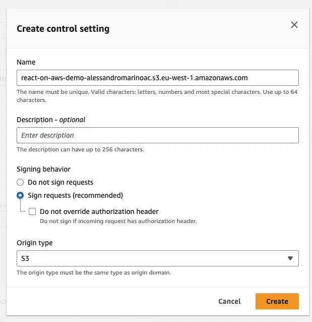 CloudFront create control settings