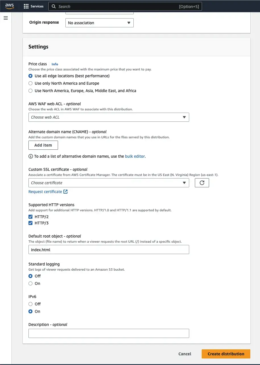 CloudFront distribution creation settings