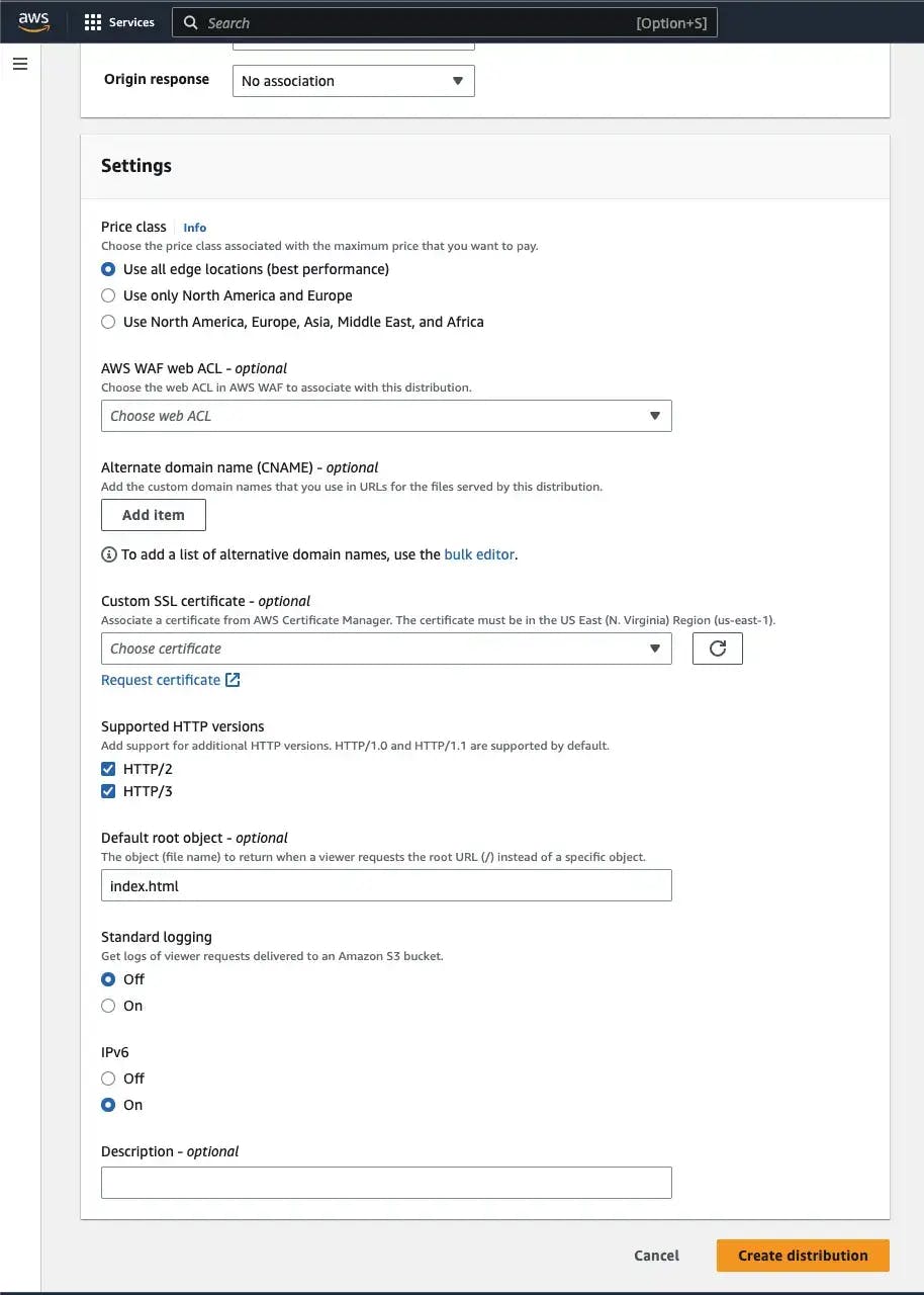 CloudFront distribution creation settings