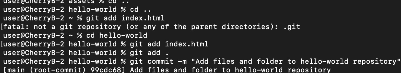 Ran a "git add index.html" to add only the html file to staging area. Then did "git add ." to add all files and folder to the staging area. 