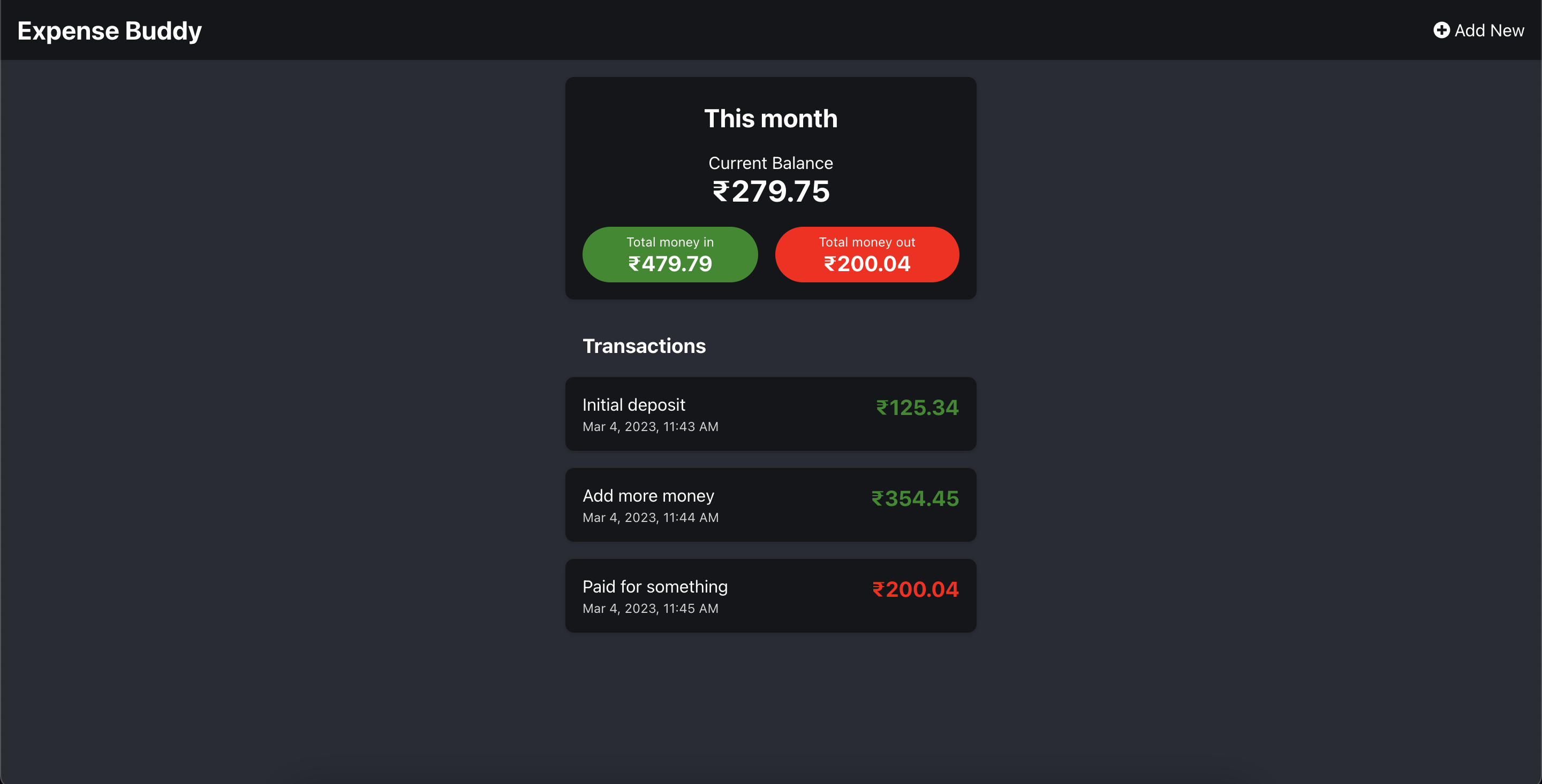 dashboard with transactions