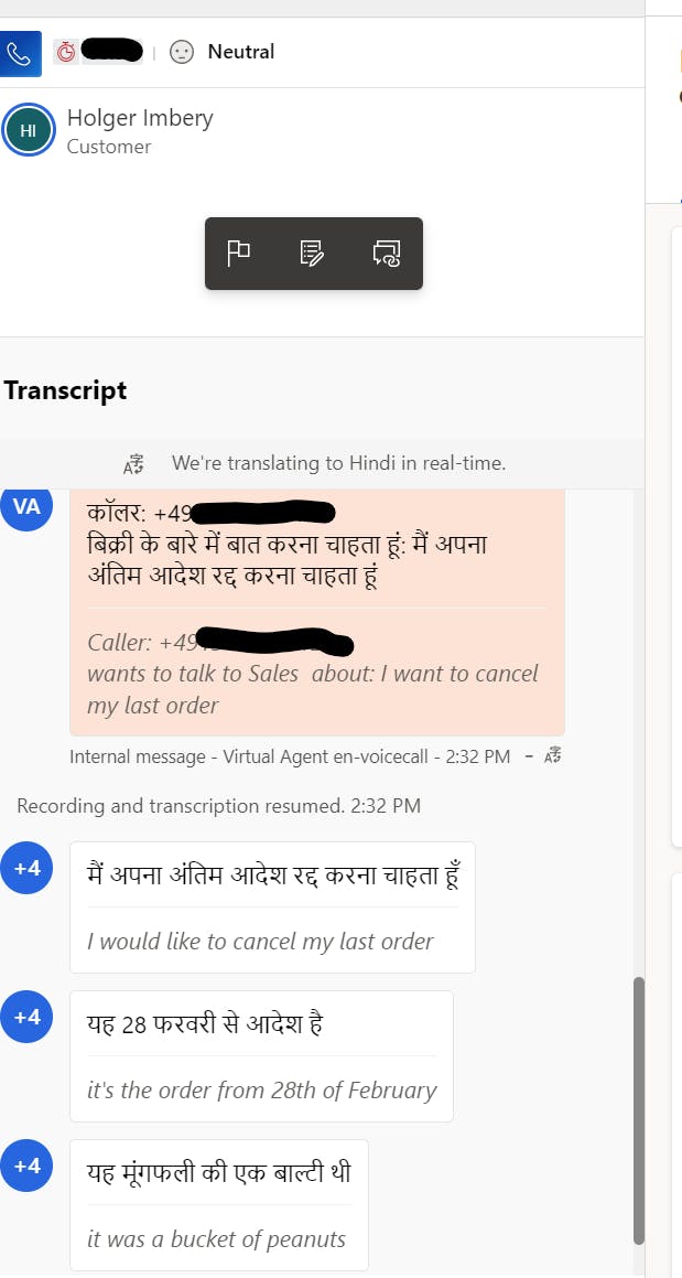 Figure: translated voice call from English to Hindi