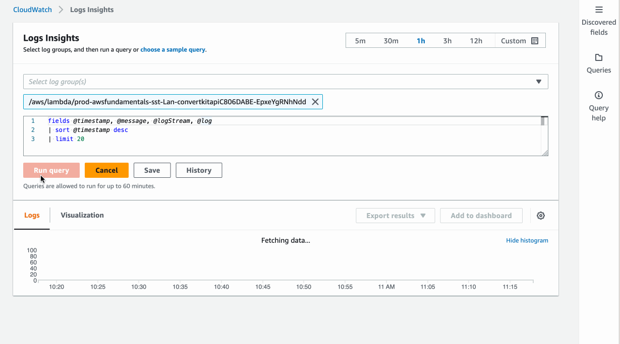 CloudWatch Insights discovered fields after run