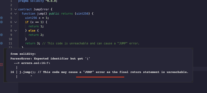 JUMP Errors in Solidity