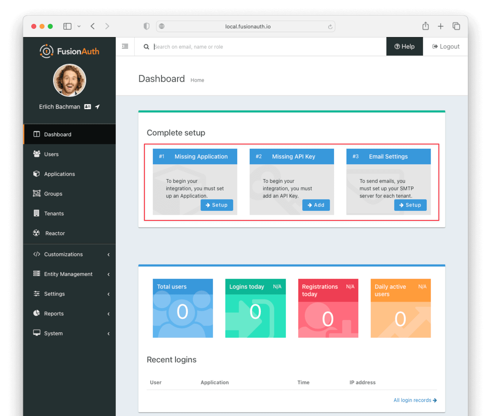 FusionAuth prompts you with the setup steps that you need to complete