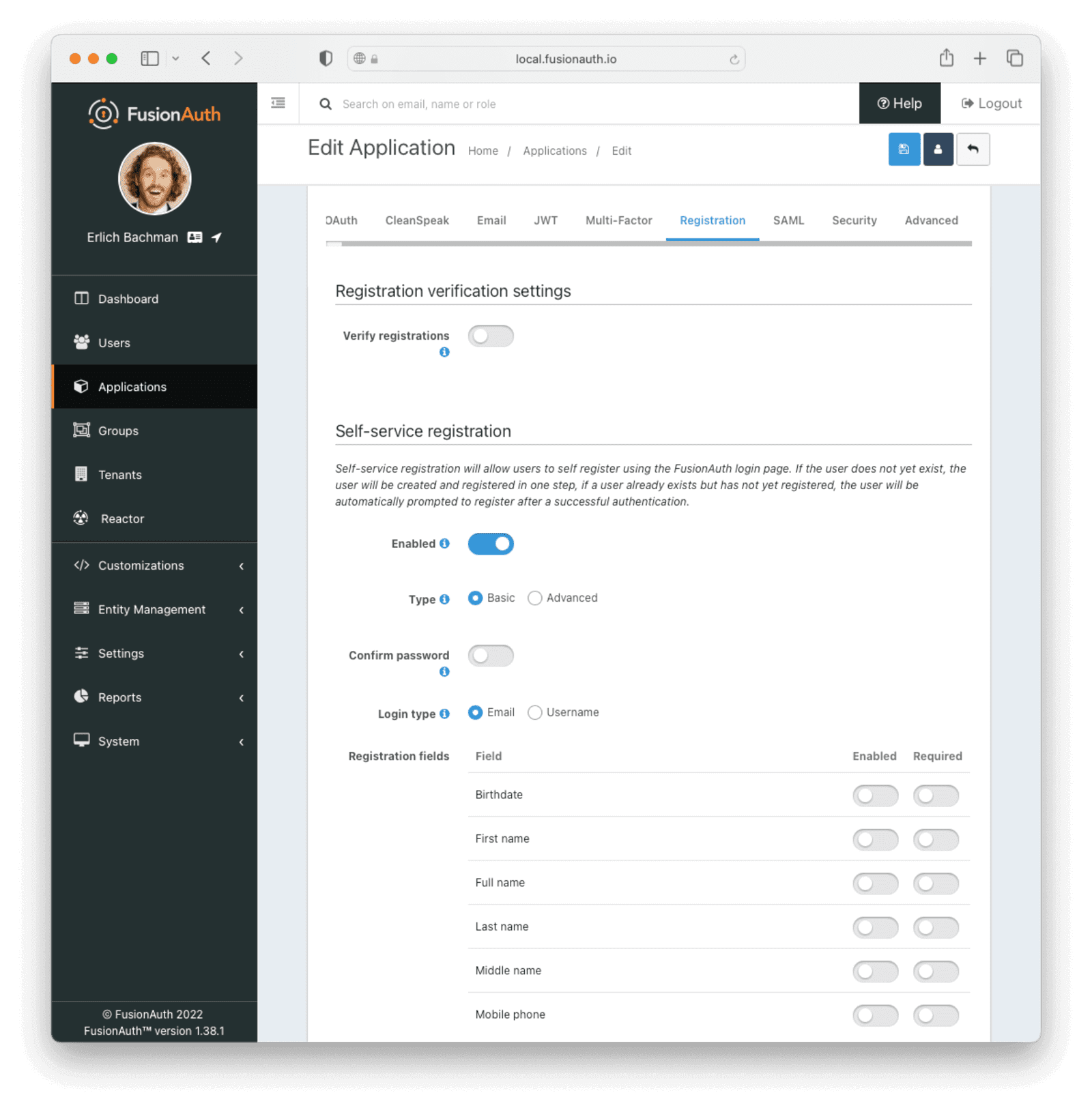 Completed configuration for registration options in FusionAuth