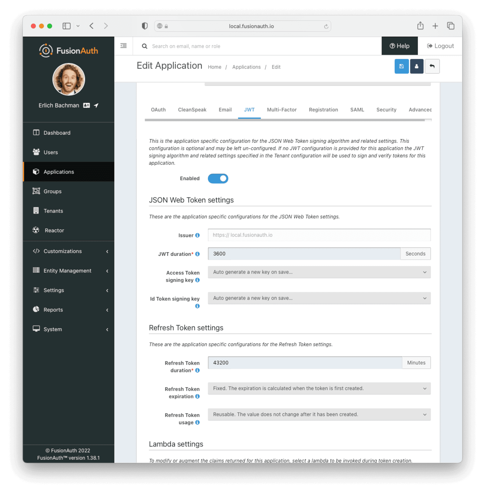 Completed JWT configuration for an application in FusionAuth