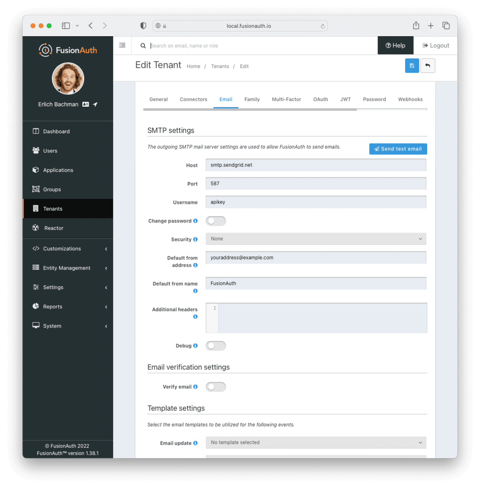 Completed SMTP configuration for a tenant in FusionAuth