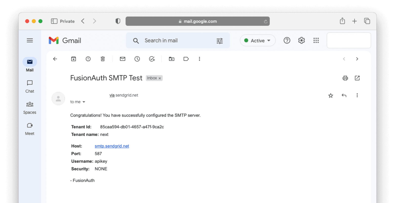 A test email that was successfully sent via FusionAuth