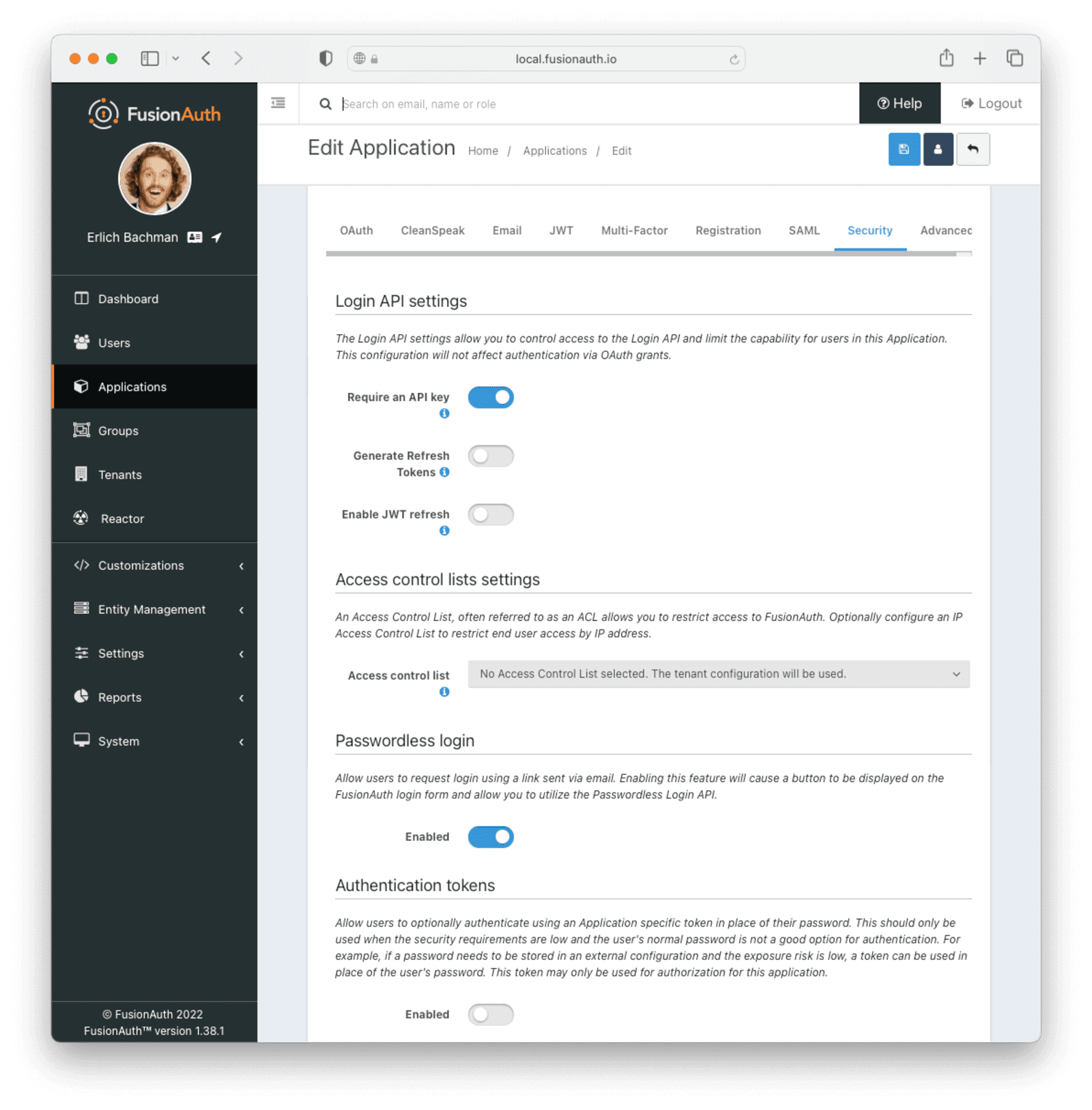 Configuration for a tenant with passwordless login enabled in FusionAuth