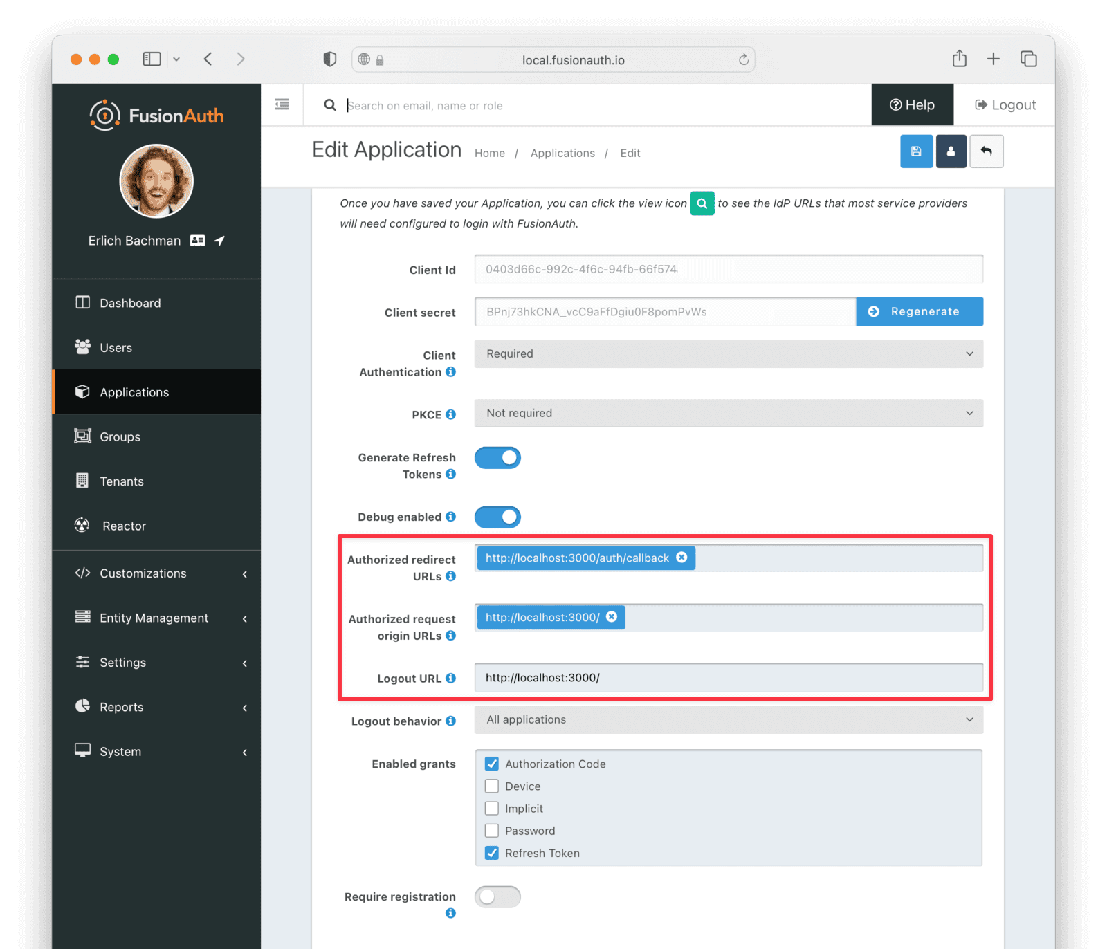 Configuring the application URLs in FusionAuth.