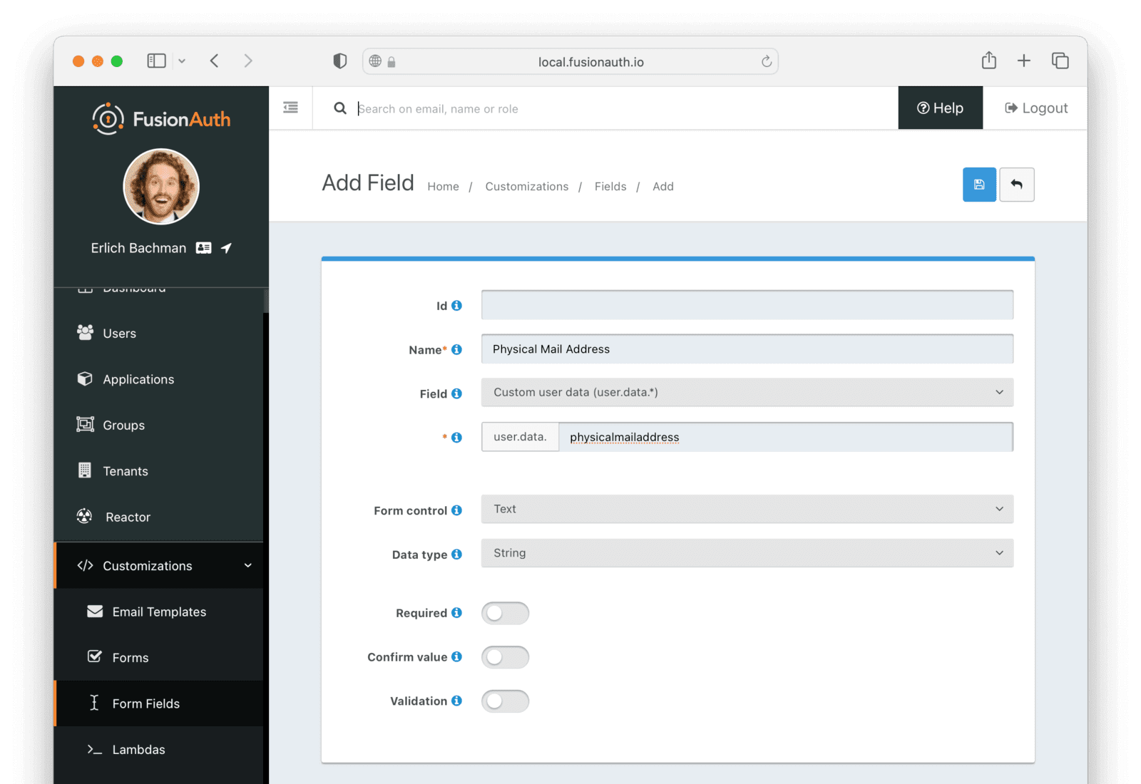 Create the physical mail address form field