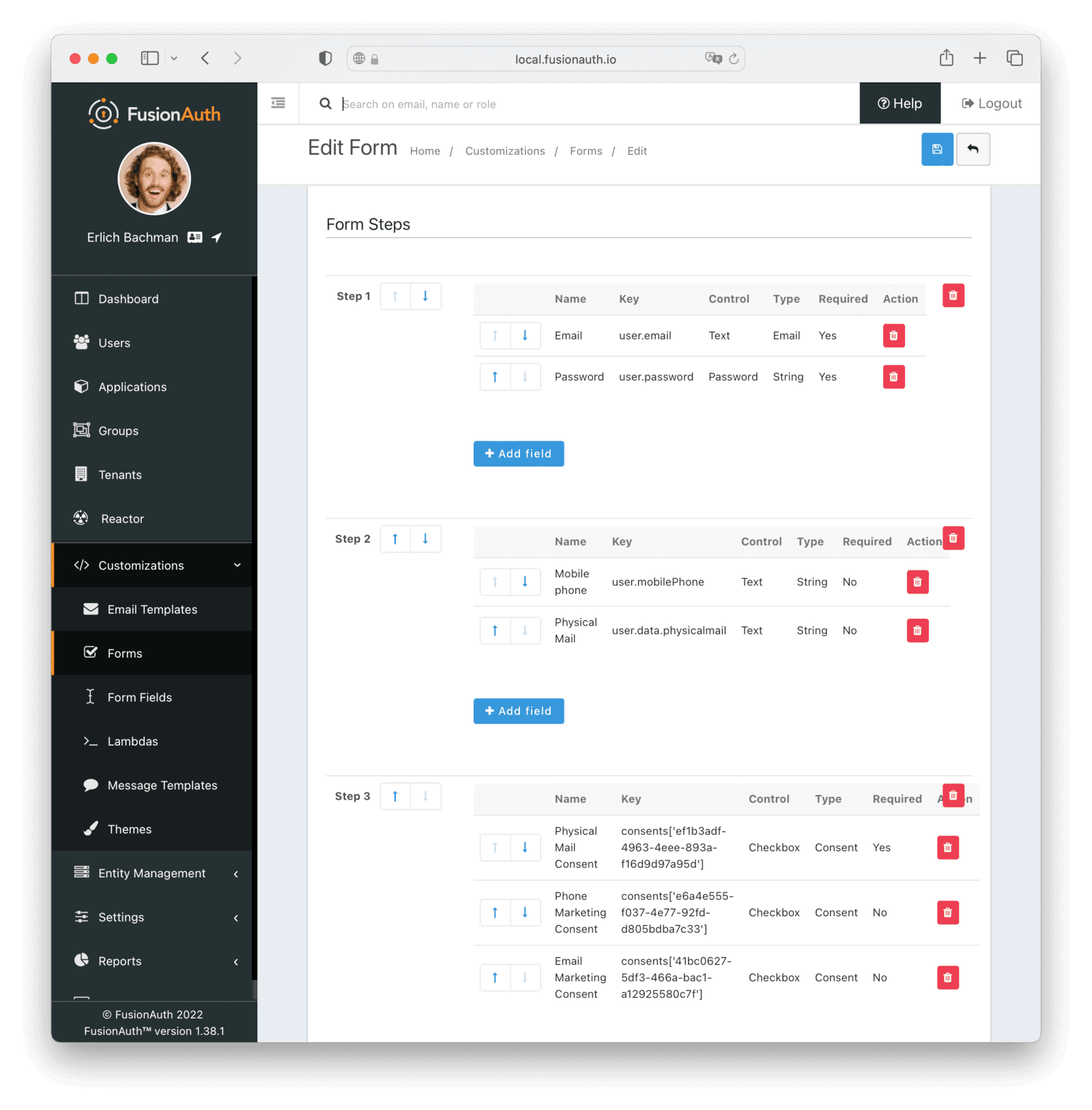 The custom registration form configuration