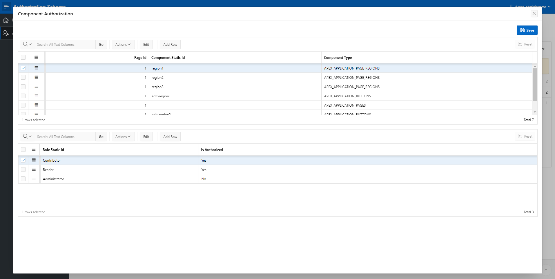 Screenshot showing the component authorization page with a master/detailed interactive grid allowing end user to toggle on/off the access to application components