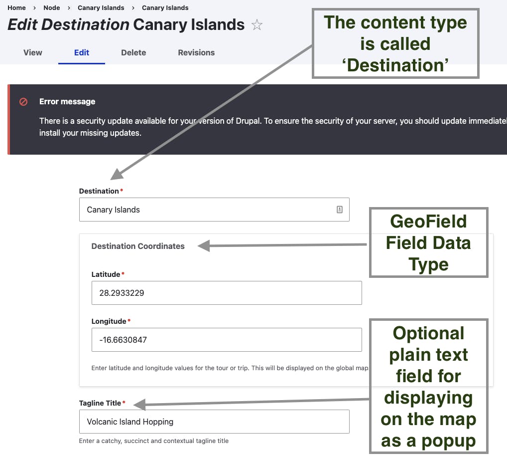 Screenshot of Drupal Content Type Field Form filling