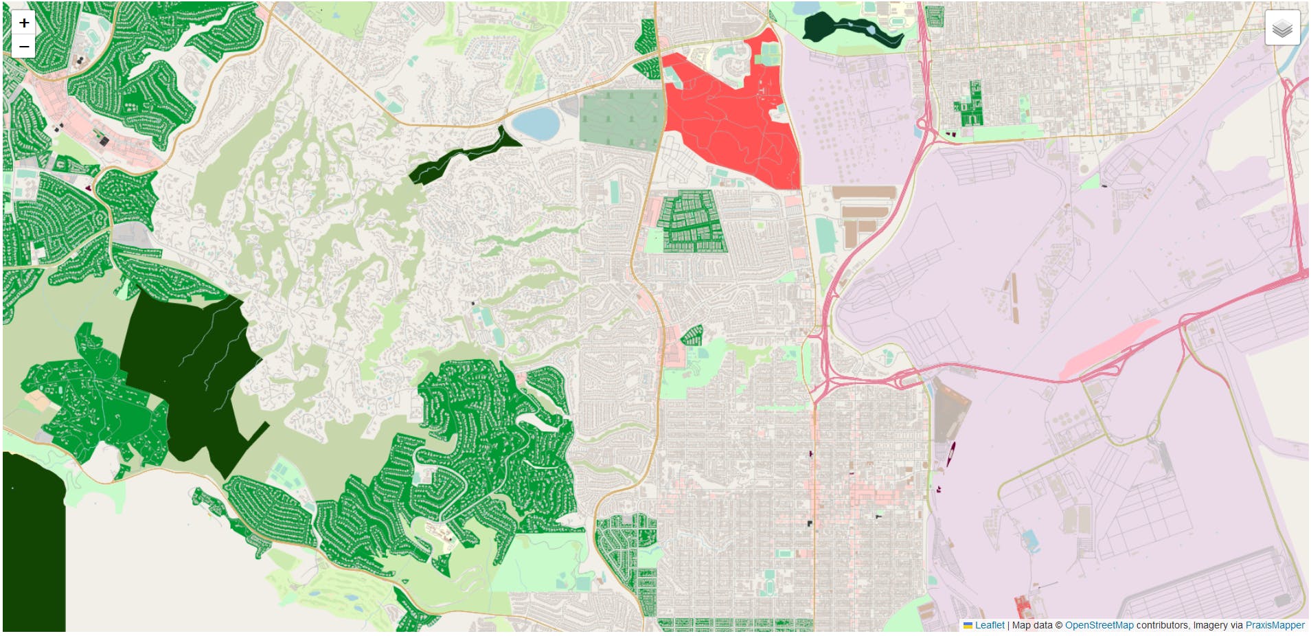 An example of the Slippy map view for Los Angeles County, drawn from a fresh install of PraxisMapper