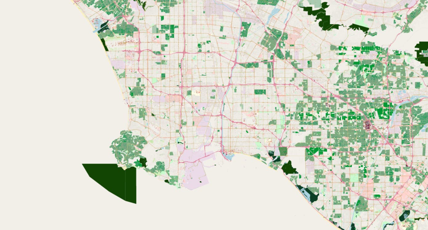 A zoomed-out map of Los Angeles County, without the Pacific Ocean rendered. 