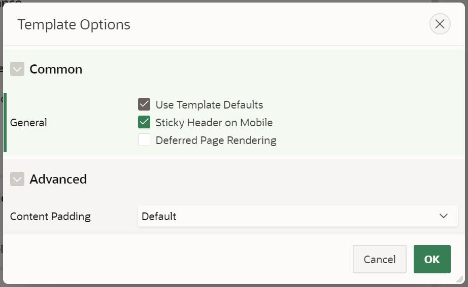 Screenshot showing the Template Options Attributes modal dialog of a page in the APEX Builder where the attribute Sticky Header on Mobile needs to be checked