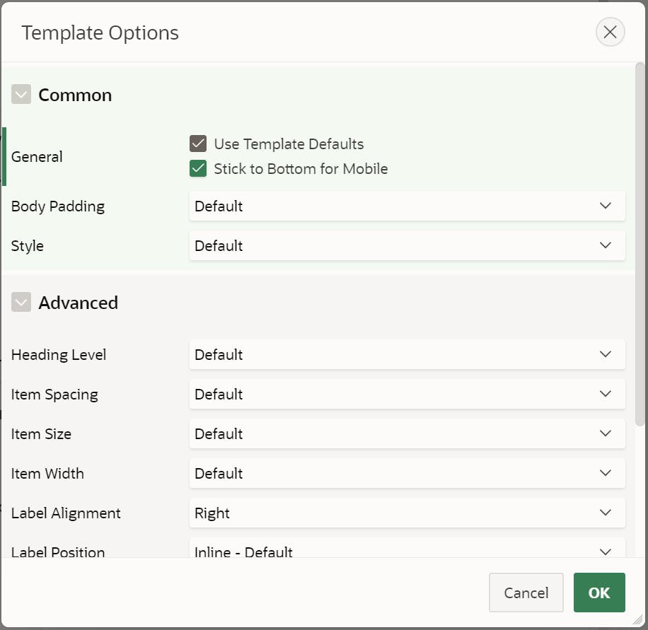 Screenshot showing the Template Options Attributes modal dialog of a page in the APEX Builder where the attribute Sticky to Bottom for Mobile needs to be checked