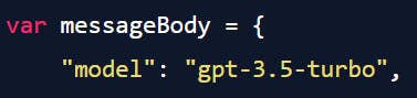 Showing the message body contents of the XMLHttp request specifying the GPT-3.5 turbo model set.
