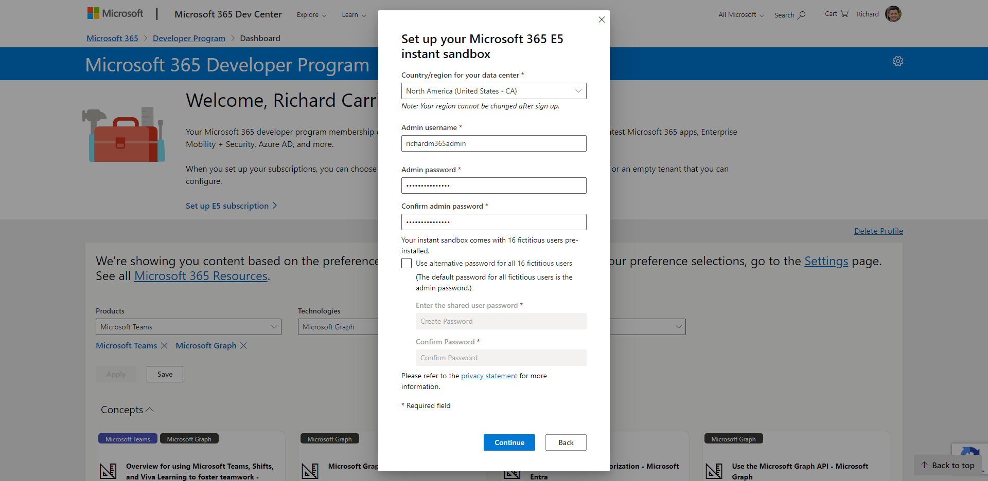 Set up your Microsoft 365 E5 instant sandbox screen