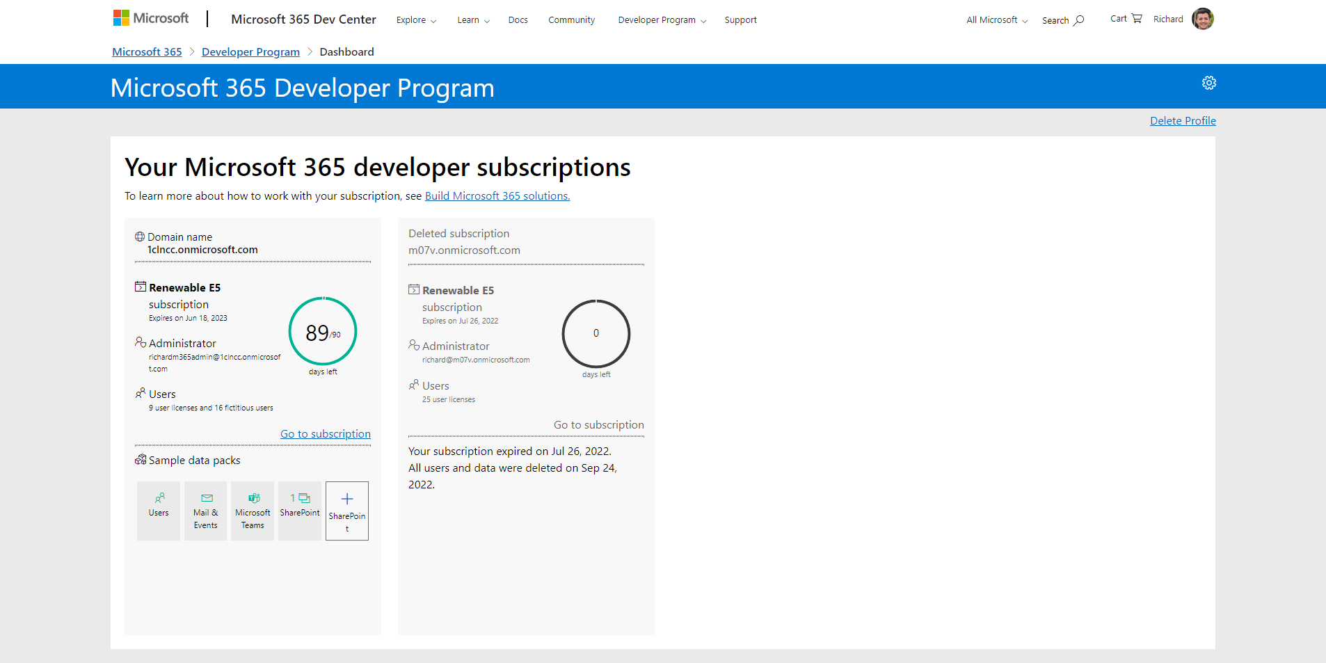Screen showing the newly-created Microsoft 365 subscription