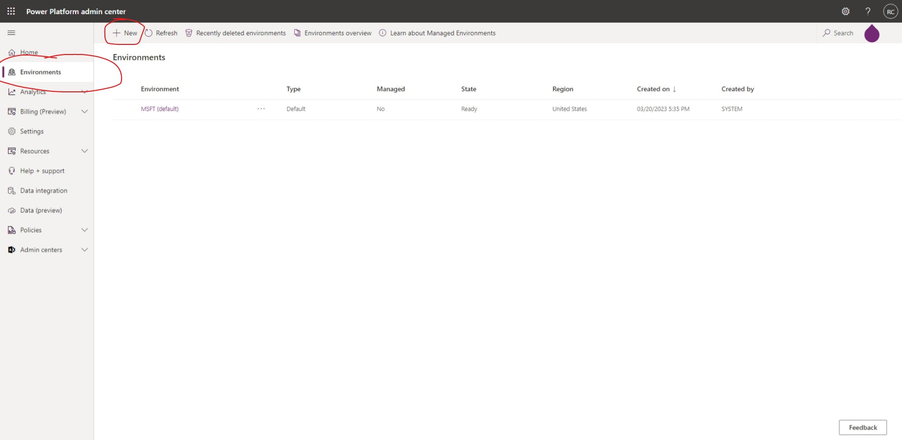 Power Platform admin center dashboard with Environments and + New circled