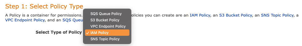 Selecting the policy type in the AWS Policy Generator.