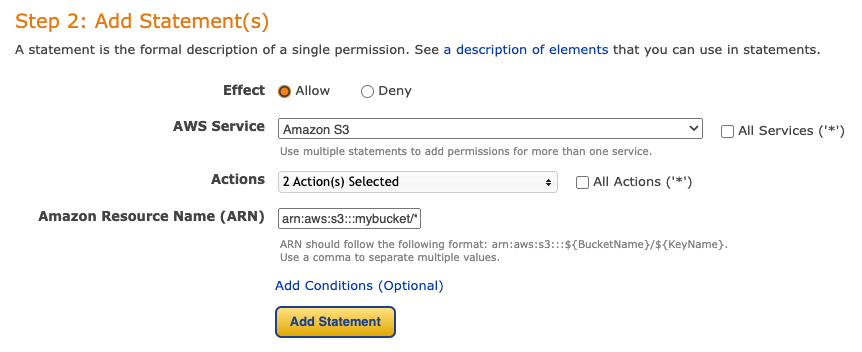 Defining statements in the AWS Policy Generator.