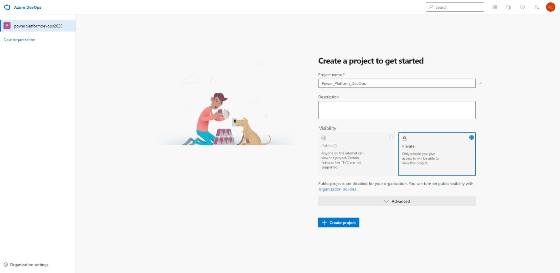 Azure DevOps create project screen