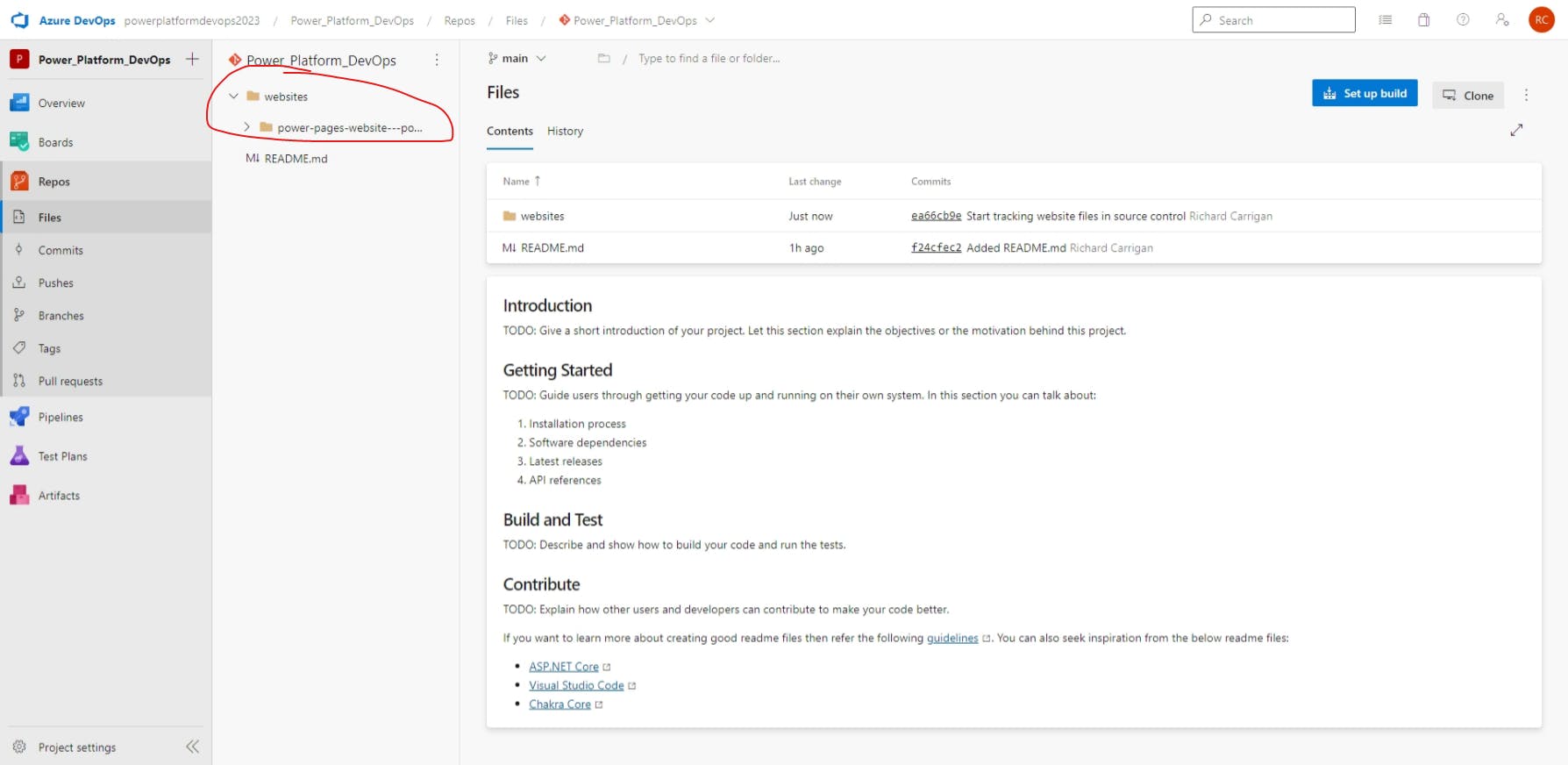 Screen showing Azure DevOps Repo with website files circled in red