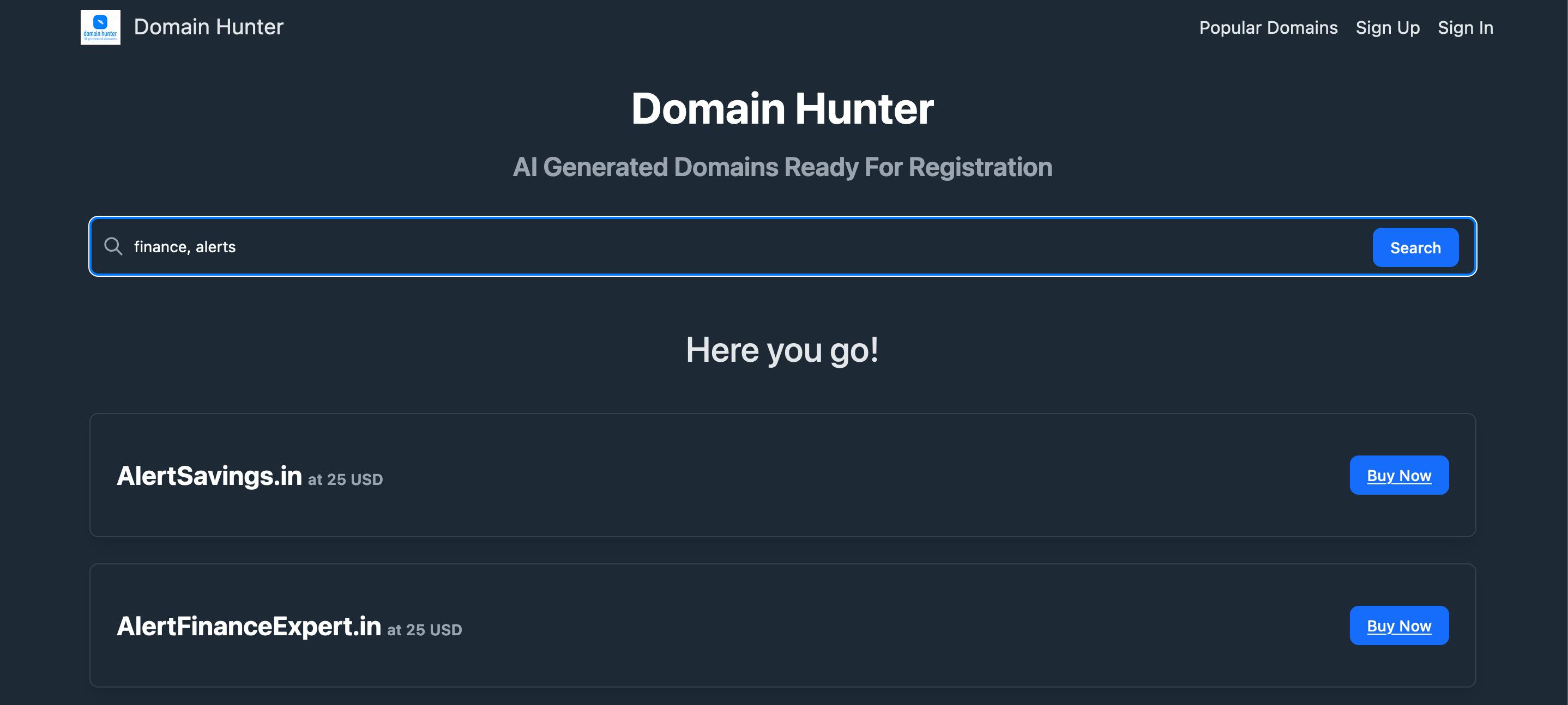 An image showing domain hunter homepage