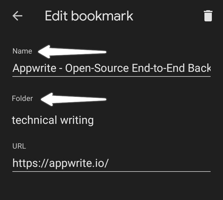 Edit options for Appwrite bookmark