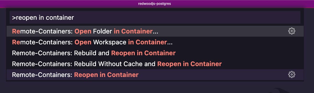 Command palette open with Reopen in Container typed in