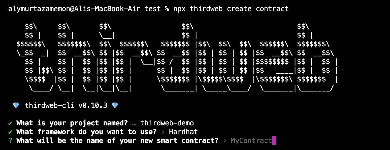 terminal prompt  smart contract name