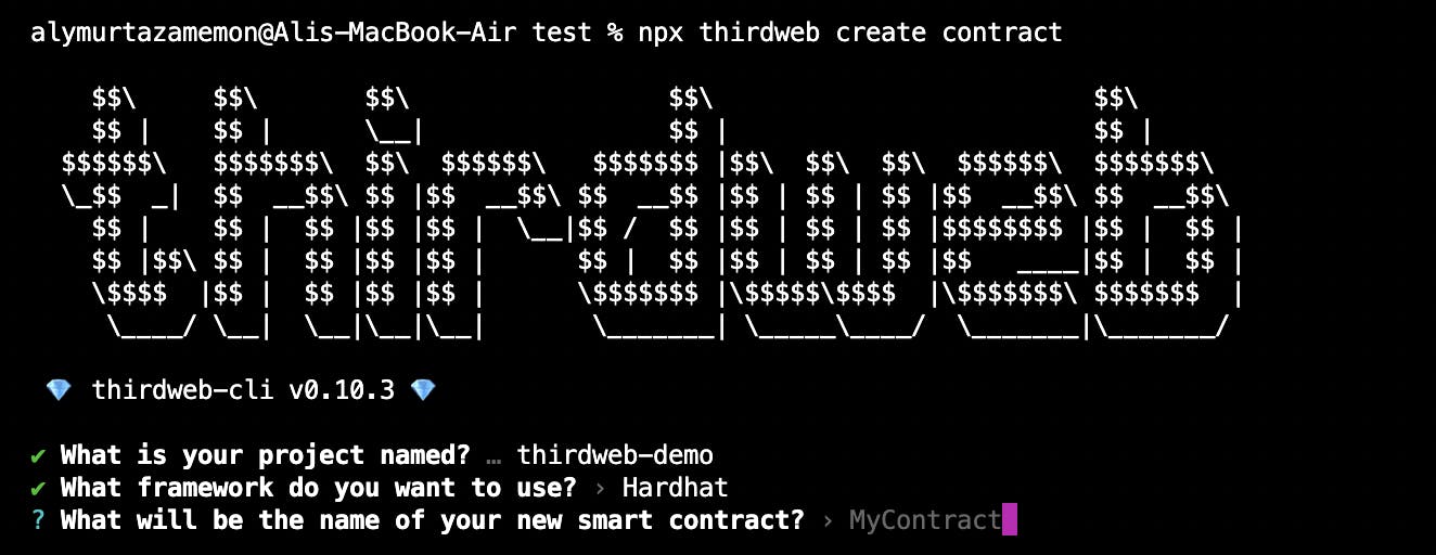 terminal prompt — smart contract name