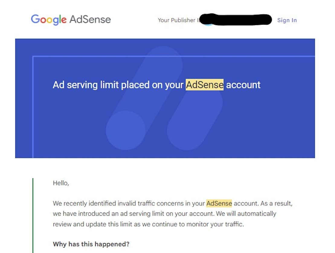 Ad serving limit placed on your AdSense account.